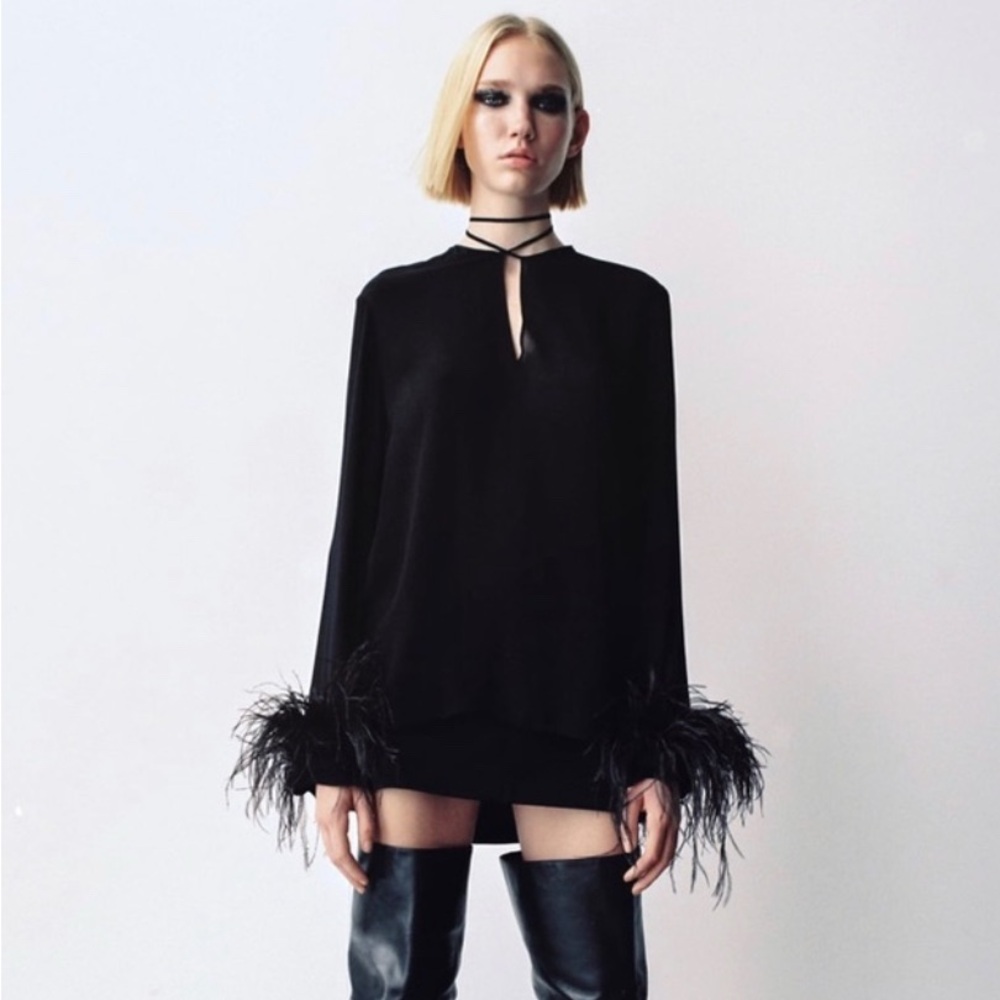 Zara Luxe Black Long Sleeve Chiffon Blouse with Feather Cuffs  Luxury - Picture 2 of 5